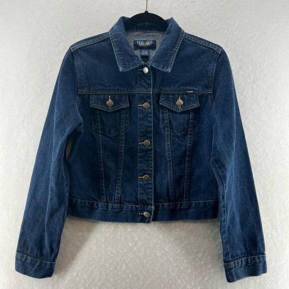 Angels Jacket Womens Size M Denim Trucker Cropped Button Front Long Sleeve Blue - Picture 1 of 12